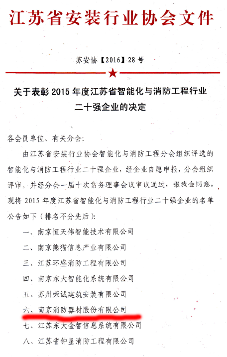 中(zhōng)國(guó)南(nán)消(xiāo)榮(róng)獲(huò)全(quán)國(guó)、江(jiāng)蘇(sū)省(shěng)智(zhì)能(néng)化(huà)與(yǔ)消(xiāo)防(fáng)工(gōng)程(chéng)行(xíng)業(yè)三(sān)十(shí)強(qiáng)和(hé)二(èr)十(shí)強(qiáng)企(qǐ)業(yè)稱(chēng)號(hào)